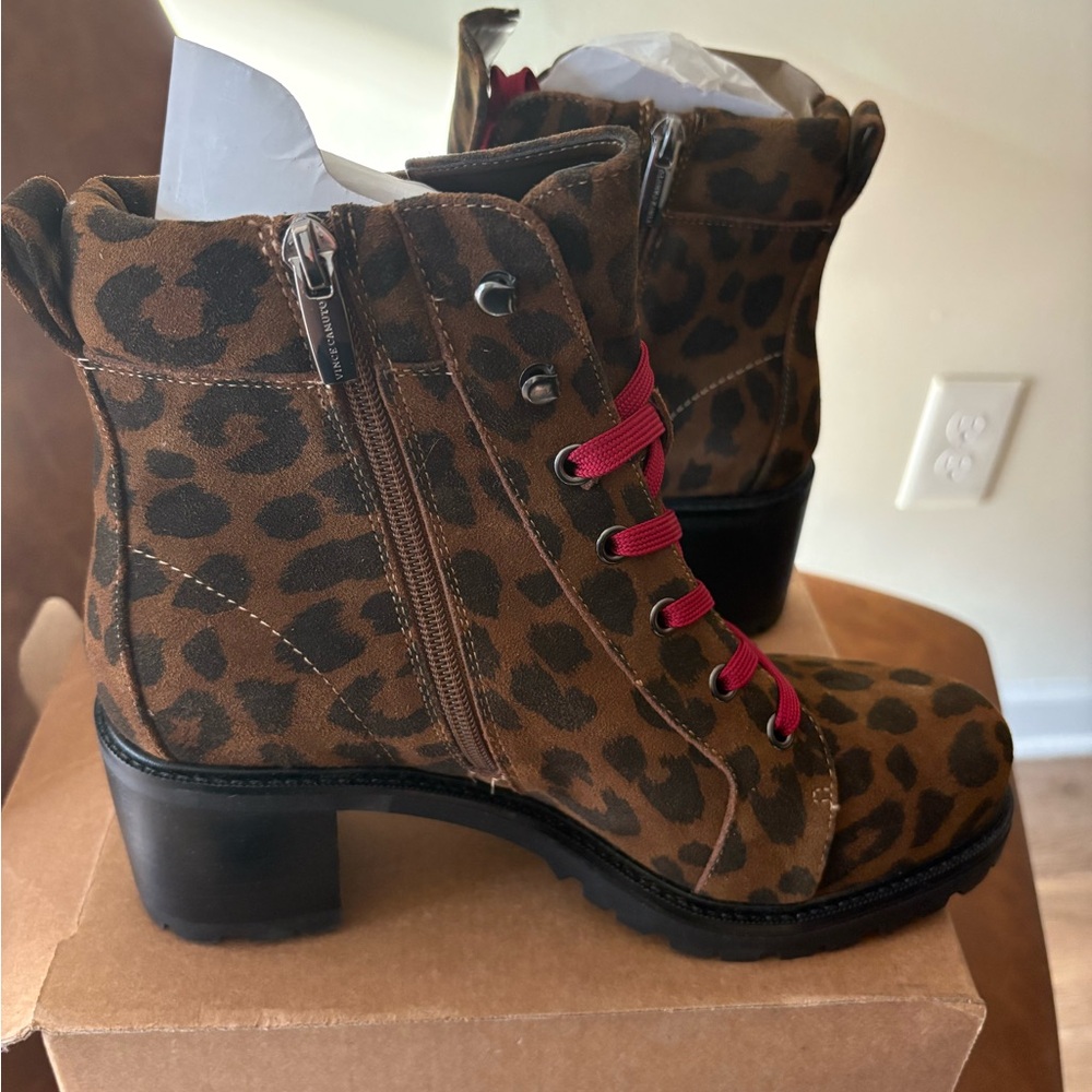 Vince Camuto Leopard Print Combat Boots with Red Laces